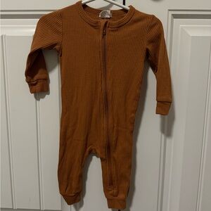 Petit Lem Ribbed Zip-Front Footed One-Piece in Rust Brown